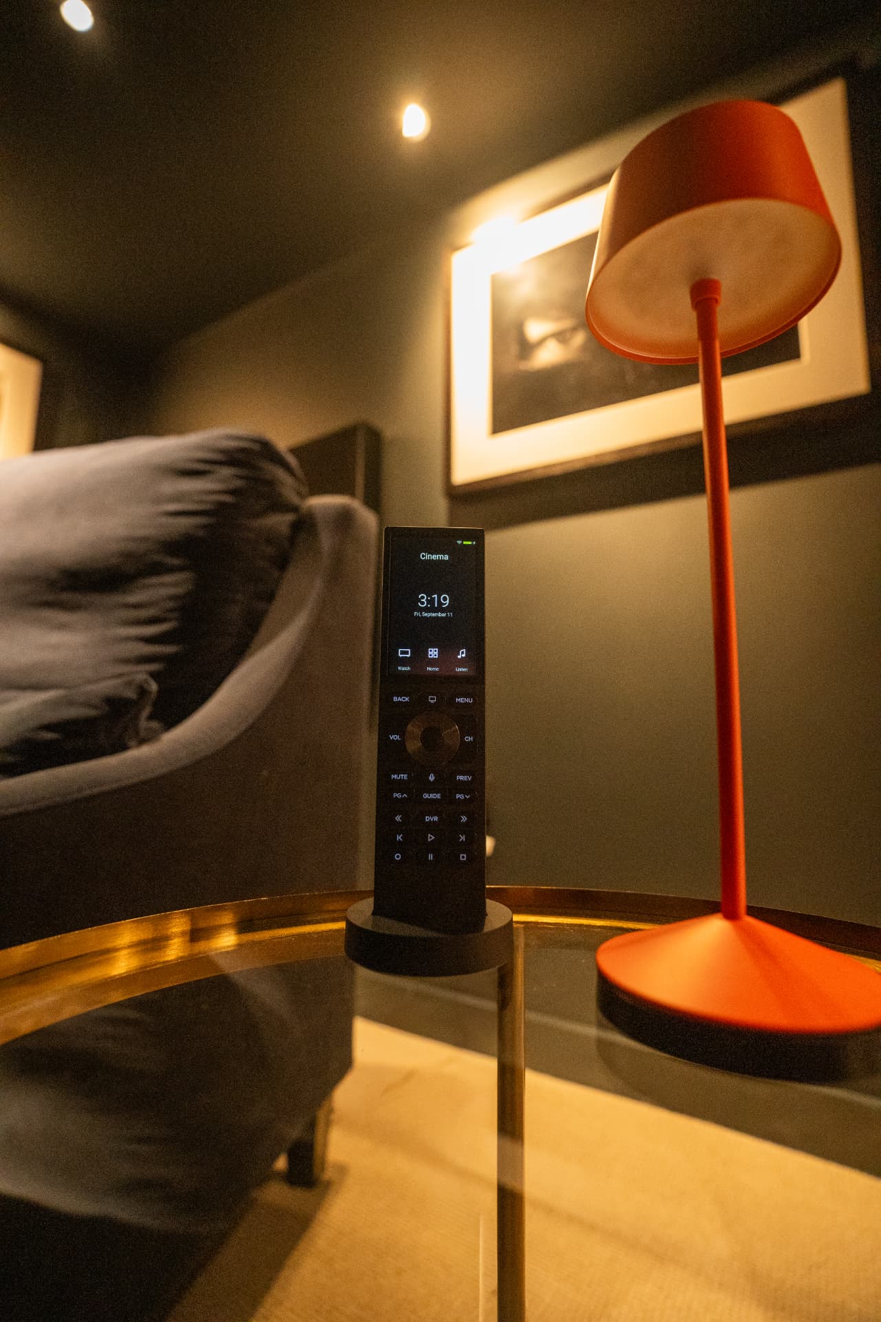 Control4 remote in the completed Surrey cinema