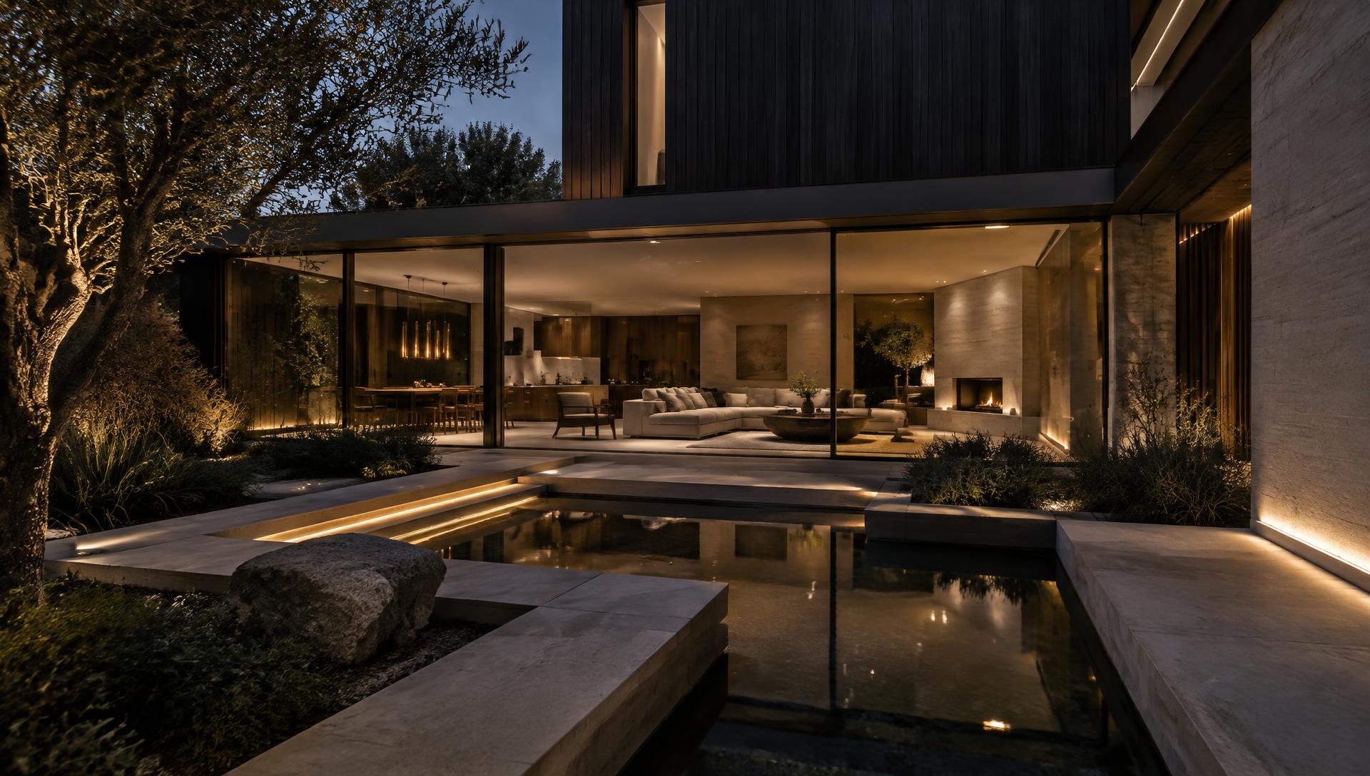 Contemporary residence at dusk with integrated architectural lighting